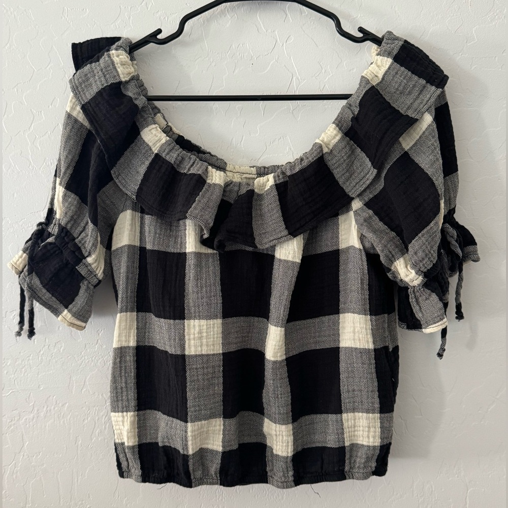 Porridge Off Shoulder Gingham Top Sz S Black White Cotton Ruffle Cottagecore